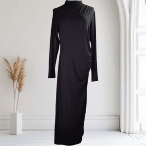 Vince Ruched Long Sleeve Turtleneck Dress Size L Black Rayon Jersey Modest